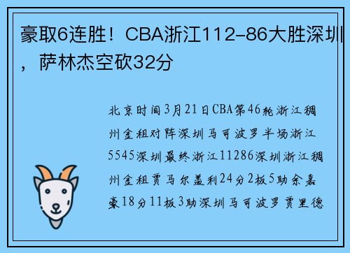 豪取6连胜！CBA浙江112-86大胜深圳，萨林杰空砍32分